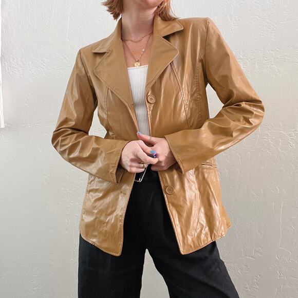 Vintage Y2K Tan Faux Leather Blazer Style Fitted Button Up Jacket - Picture 2 of 7